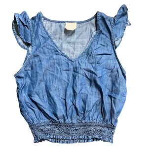 Harper Heritage Chambray Ruffle Sleeve Smocked Waist‎ Top - Women's/Junior Crop